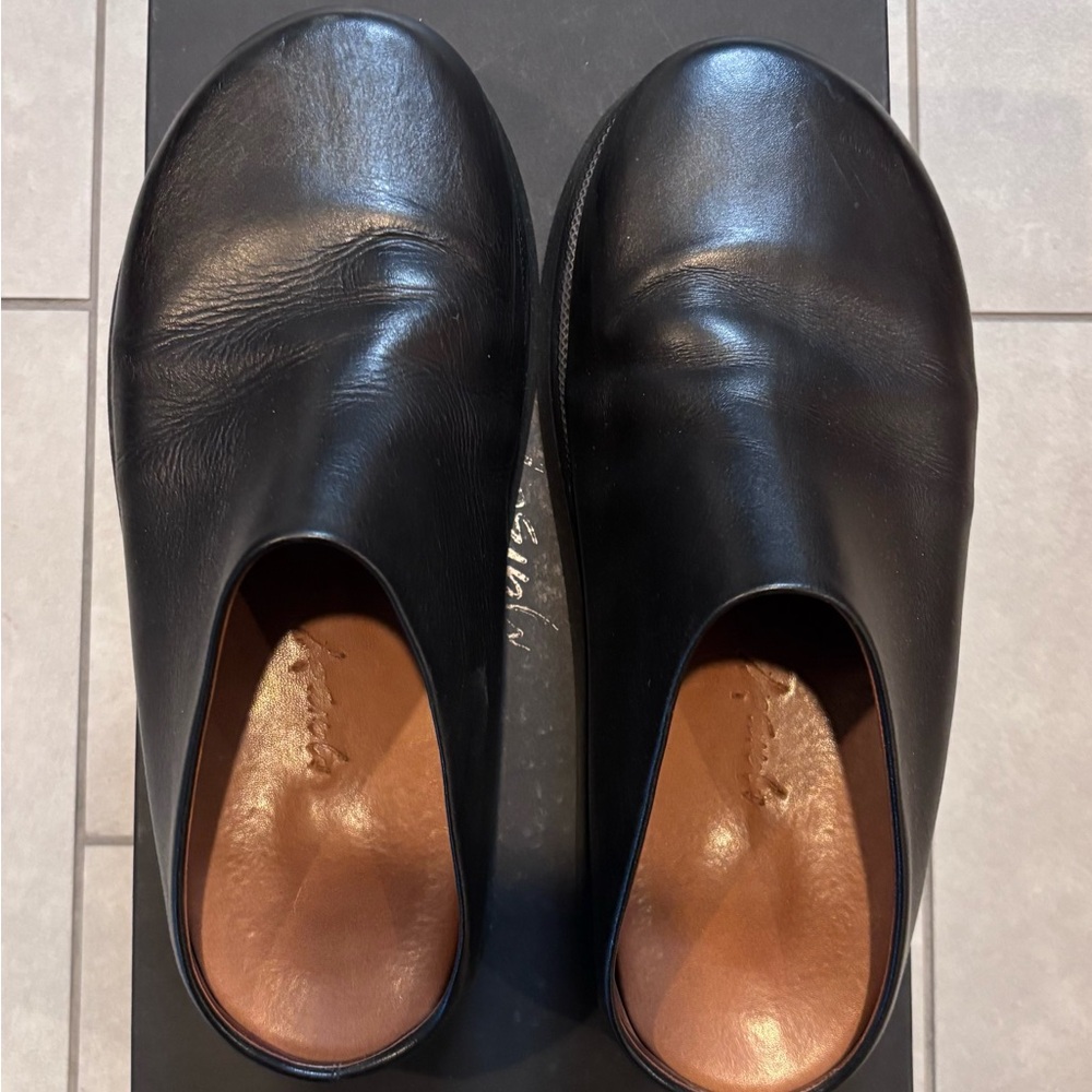 Marsell Accom Sabot calf leather mules, black, size 8(38)